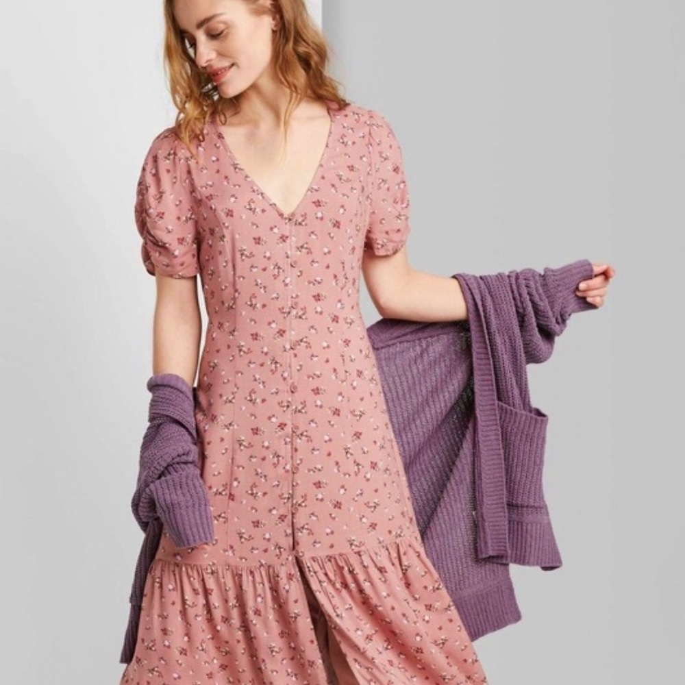 Wild Fable Pink Floral Puff Sleeve Midi Dress Medium NWT Cottagecore